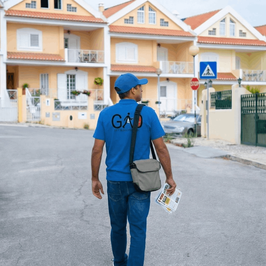 Distributor walking in a residential area